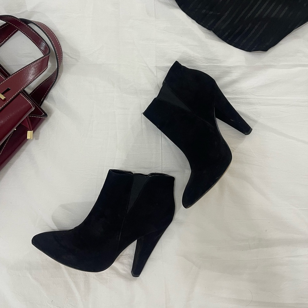 Material Girl Black Suede-Look Ankle Booties – Heeled